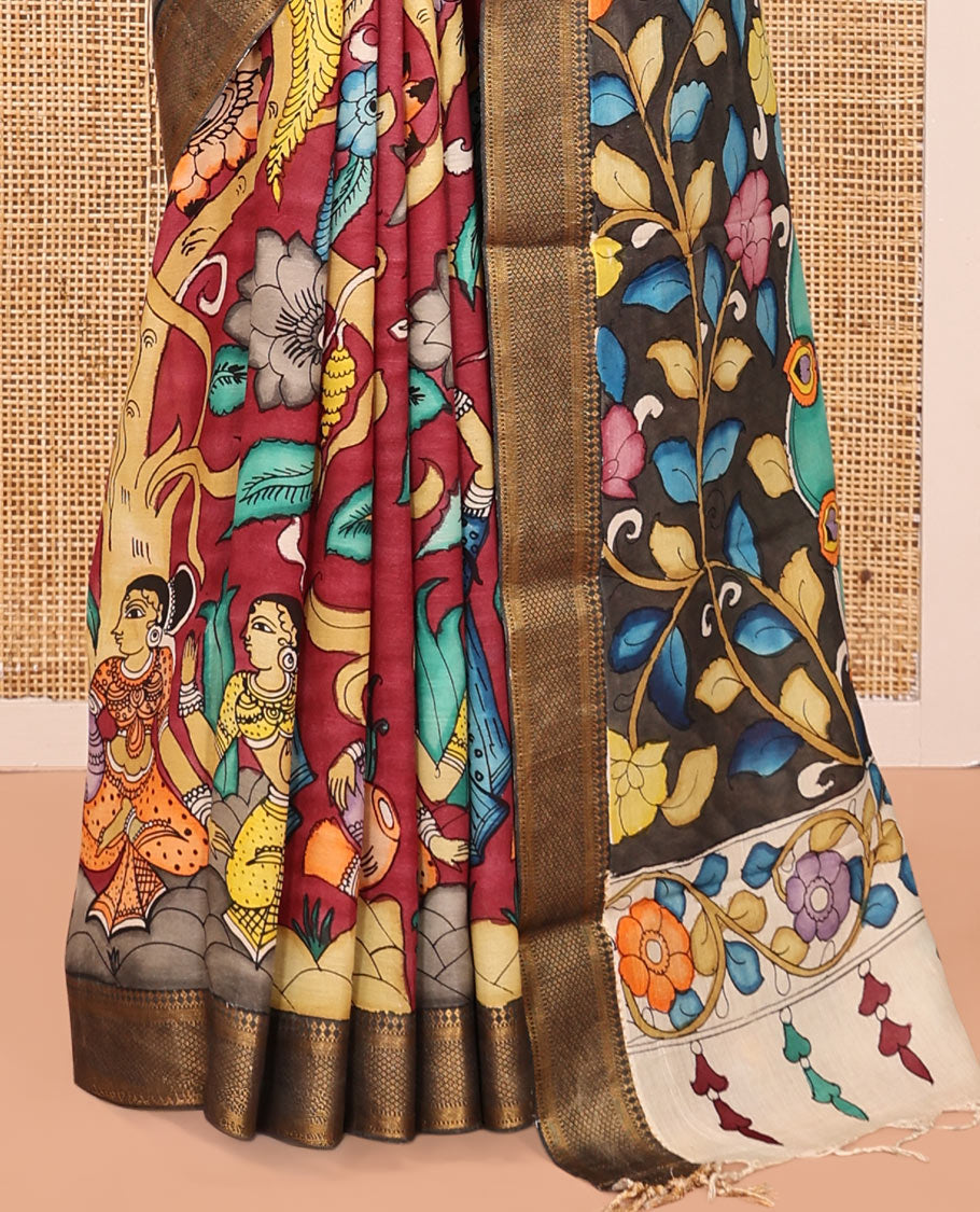 Red Kalamkari Printed Semi-Banarasi Tussar Saree, Accentuated with Human Figurines, Contrast Zari Border, Contrast Peacock Pallu, and a Contrast Blouse