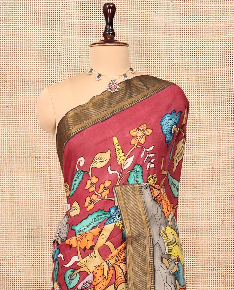 Red Kalamkari Printed Semi-Banarasi Tussar Saree, Accentuated with Human Figurines, Contrast Zari Border, Contrast Peacock Pallu, and a Contrast Blouse