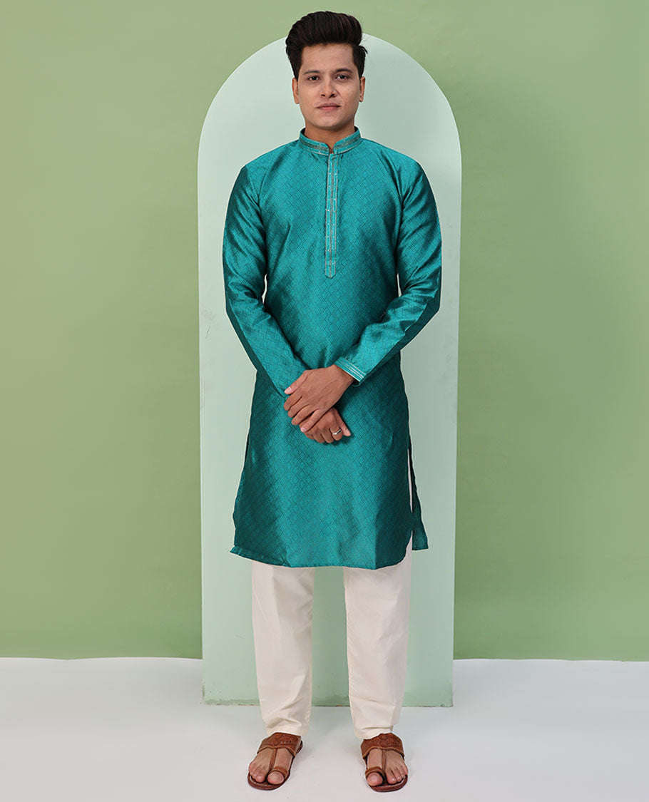 Rama green chevron embossed & neck work full-sleeved kurta