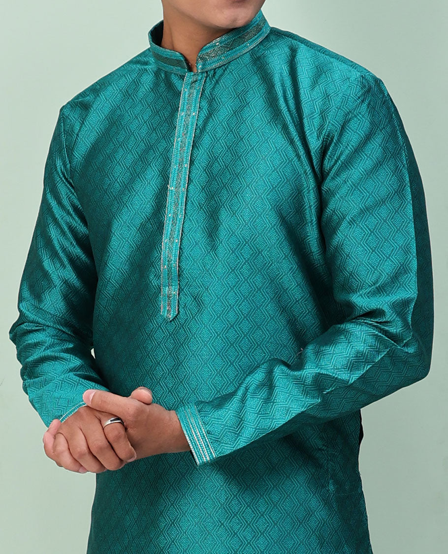 Rama green chevron embossed & neck work full-sleeved kurta
