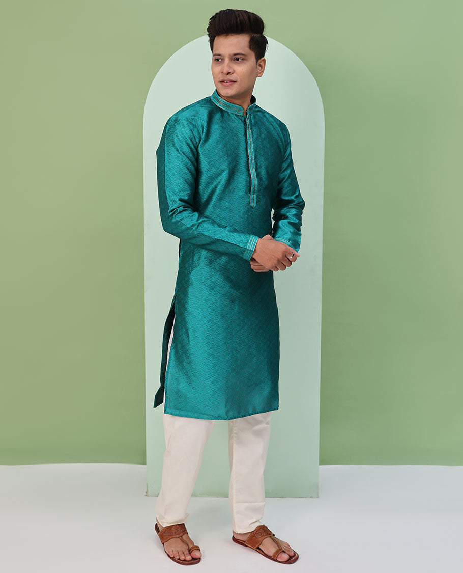 Rama green chevron embossed & neck work full-sleeved kurta