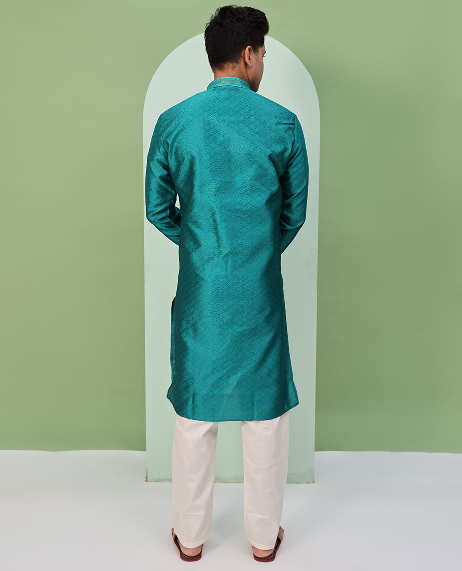 Rama green chevron embossed & neck work full-sleeved kurta
