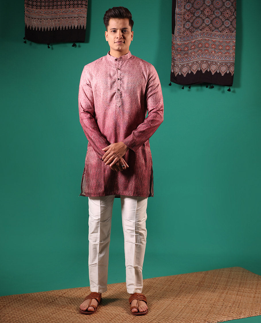 Pink ombre-toned with sequins embroidered jaal patterned full-sleeved men's kurta