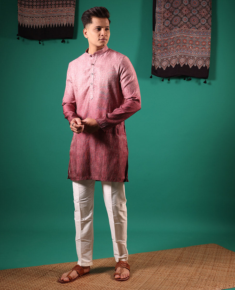 Pink ombre-toned with sequins embroidered jaal patterned full-sleeved men's kurta