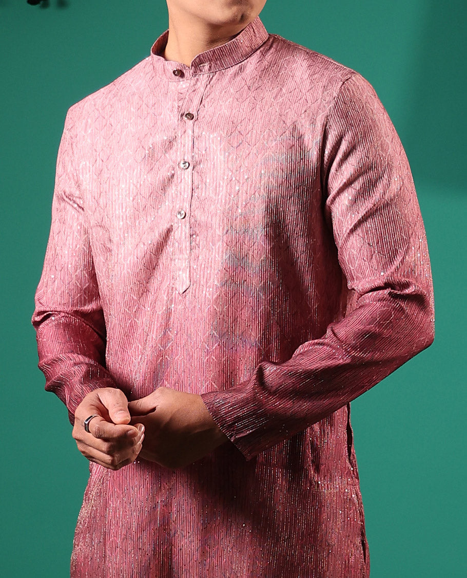 Pink ombre-toned with sequins embroidered jaal patterned full-sleeved men's kurta