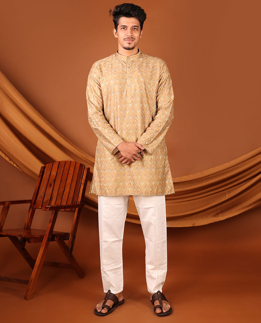 Mustard Uniquely Printed and Thread Embroidered Full-Sleeved Men's Kurta Set