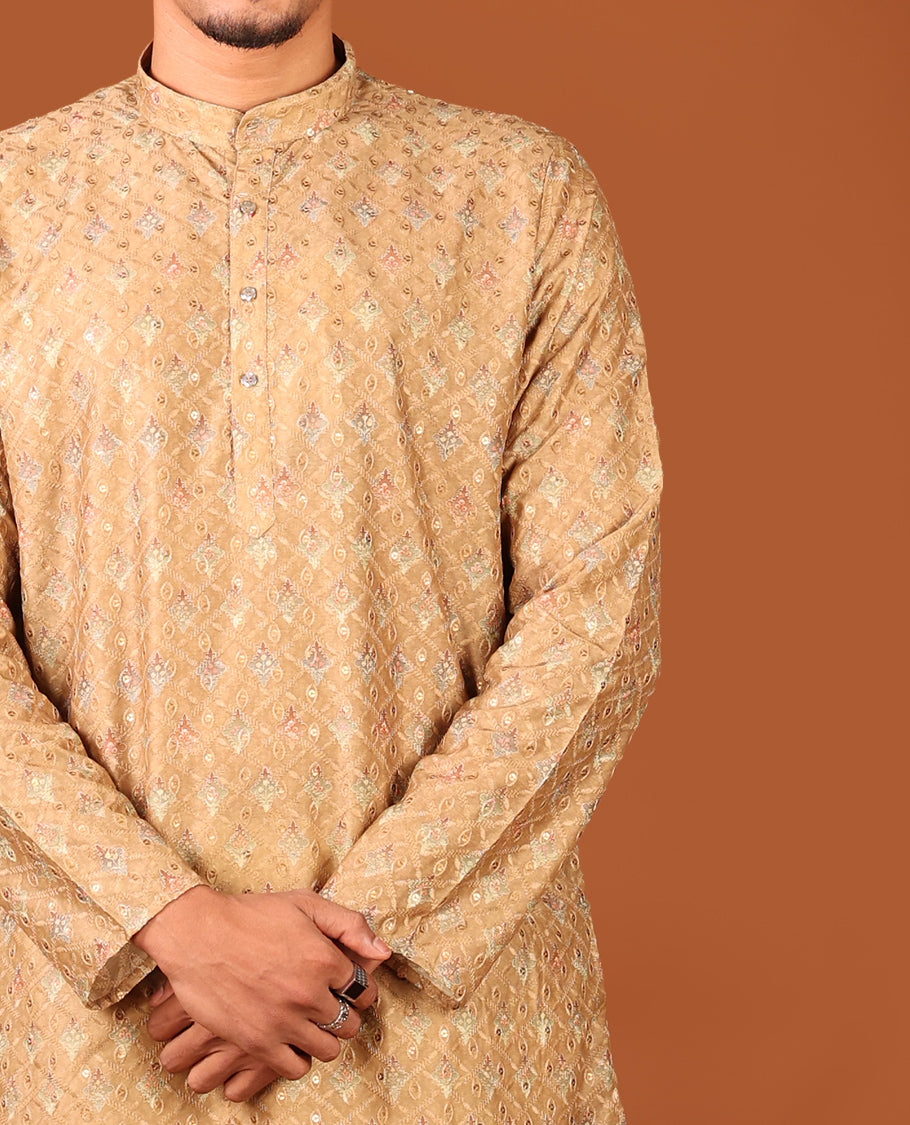 Mustard Uniquely Printed and Thread Embroidered Full-Sleeved Men's Kurta Set