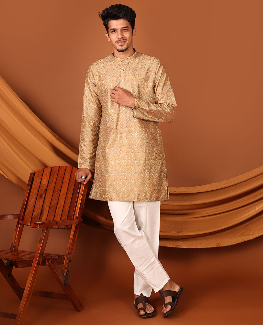 Mustard Uniquely Printed and Thread Embroidered Full-Sleeved Men's Kurta Set