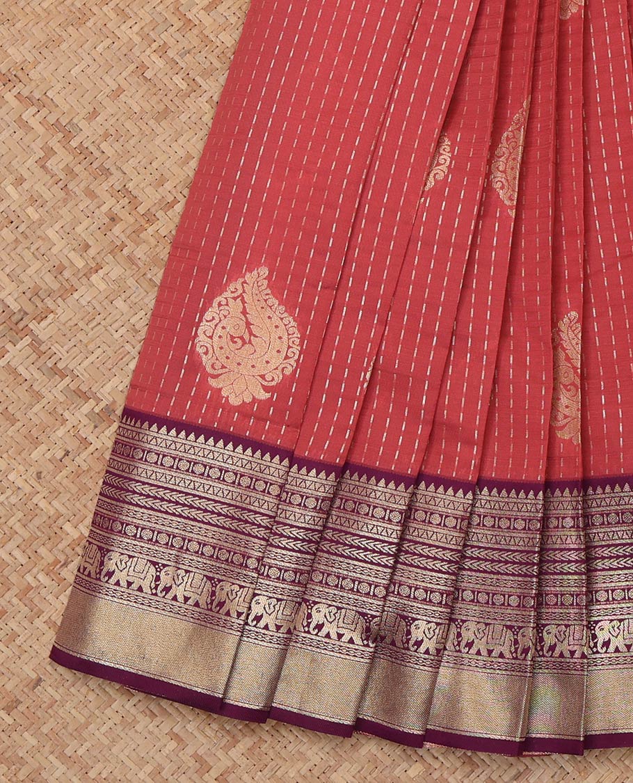 Terracotta Red Litchi Saree, Detailed with Zari Buttas, a Contrast Traditional Zari Border, Grand Pallu, and a Contrast Blouse