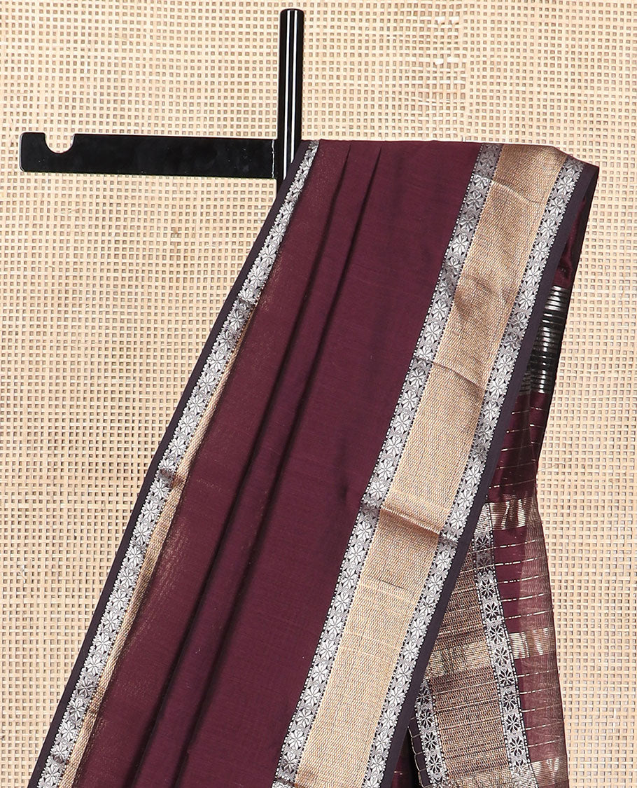 Brown maheshwari cotton saree with contrast floral zari design border & striped pallu