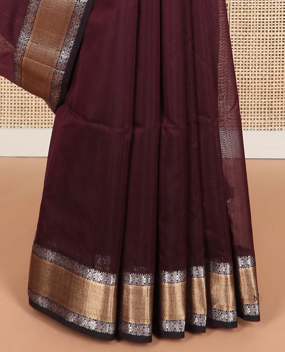 Brown maheshwari cotton saree with contrast floral zari design border & striped pallu