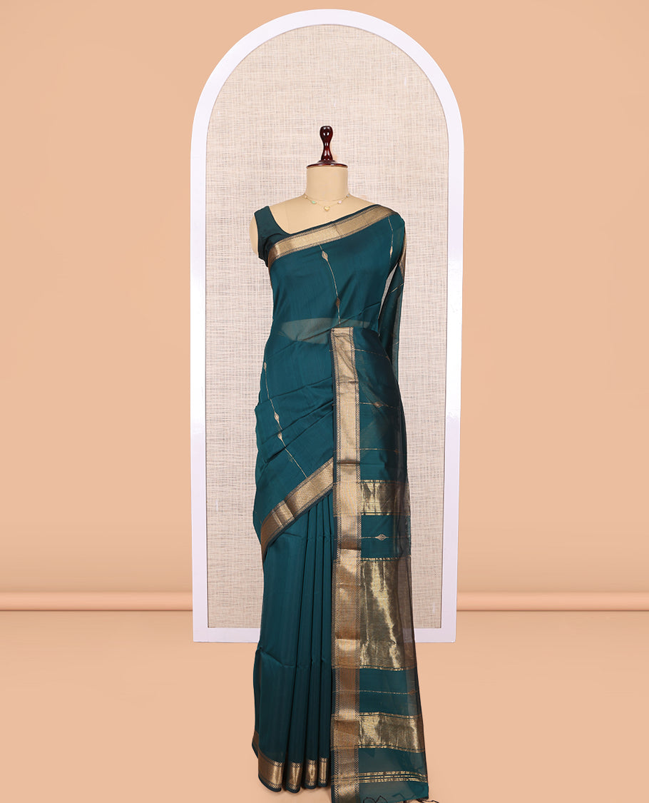 Blue Maheshwari Cotton Saree, Accentuated with Zari Design, Highlighted by a Traditional Zari Border, Gleaming Zari Woven Pallu, and a Matching Blouse