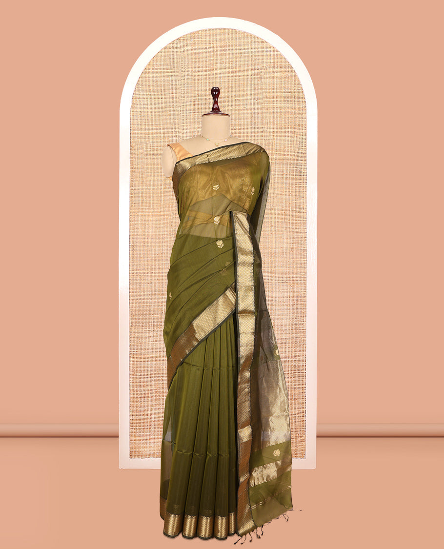 Green Maheshwari Cotton Saree, Detailed with Floral Zari Buttas, a Zari Border, Zari Striped Pallu, and a Matching Blouse