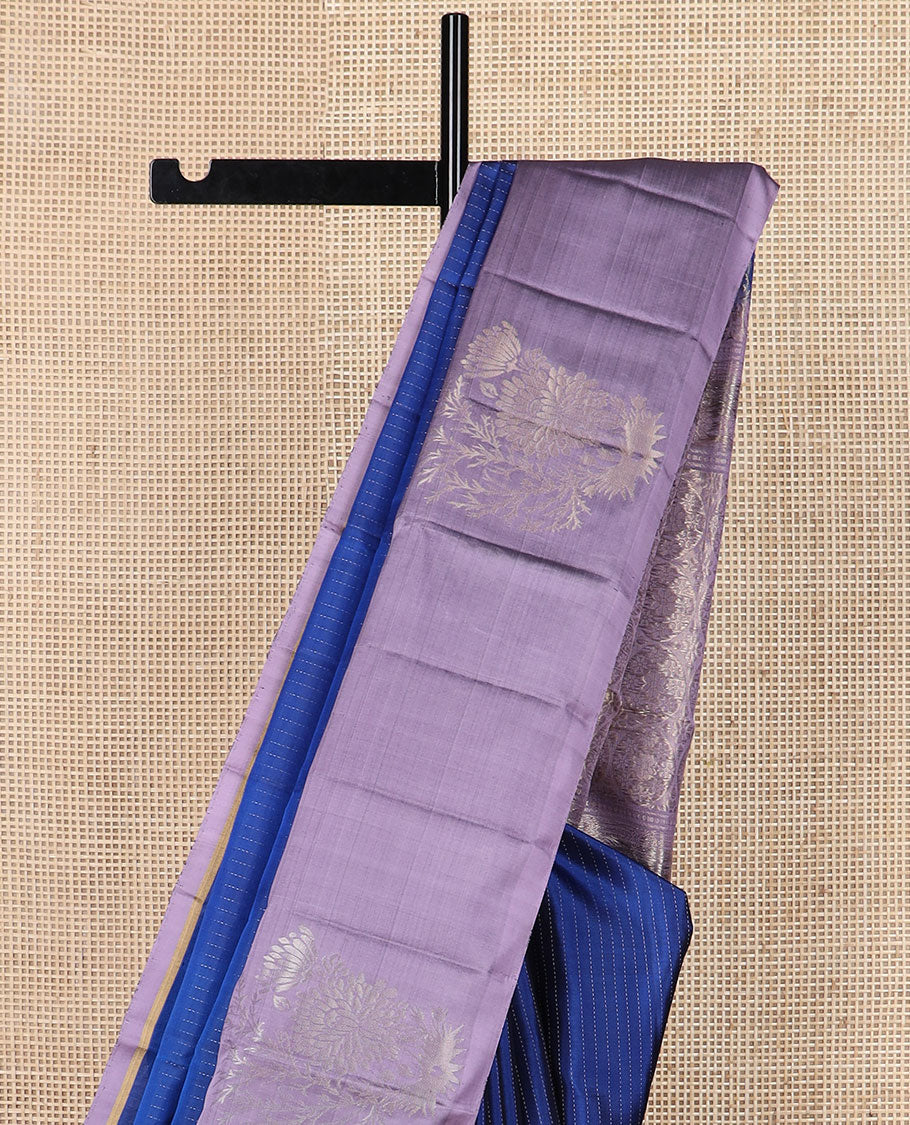 Blue dotted striped soft silk saree, contrast floral motifs border & pallu of paisleys & chakram motifs