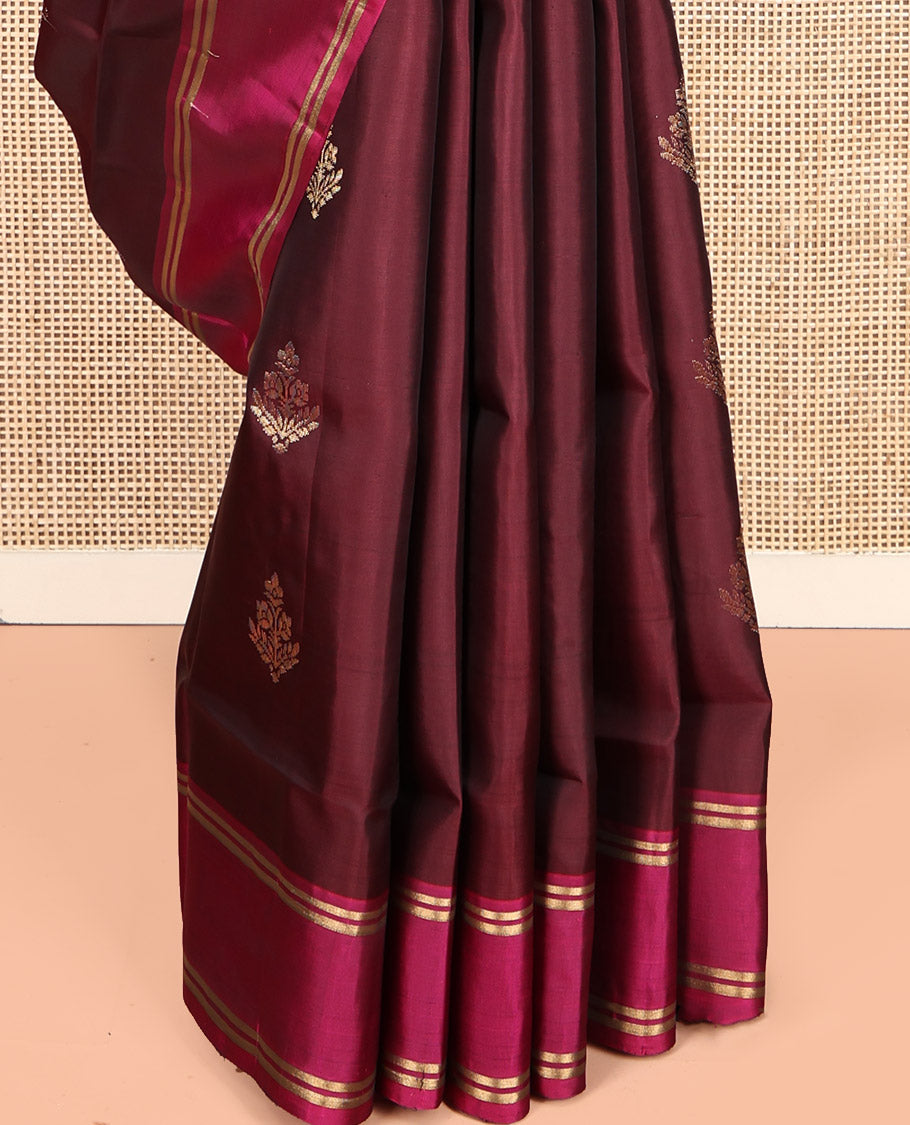 Brown Mayuri Lite Silk Mix Saree, Adorned with Zari Buttas, Complemented by Contrast Border, Pallu of Intricate Designs and a Contrast Blouse