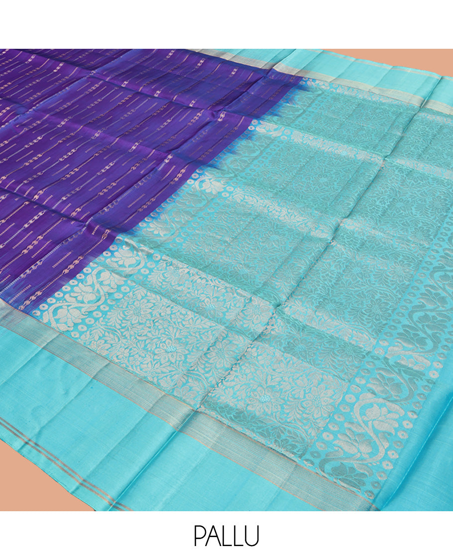 Blue Mayuri Soft Silk Saree, Embellished with Zari Stripes, Complemented by a Contrast Border, Pallu of Floral Jaal Design, and a Contrast Blouse