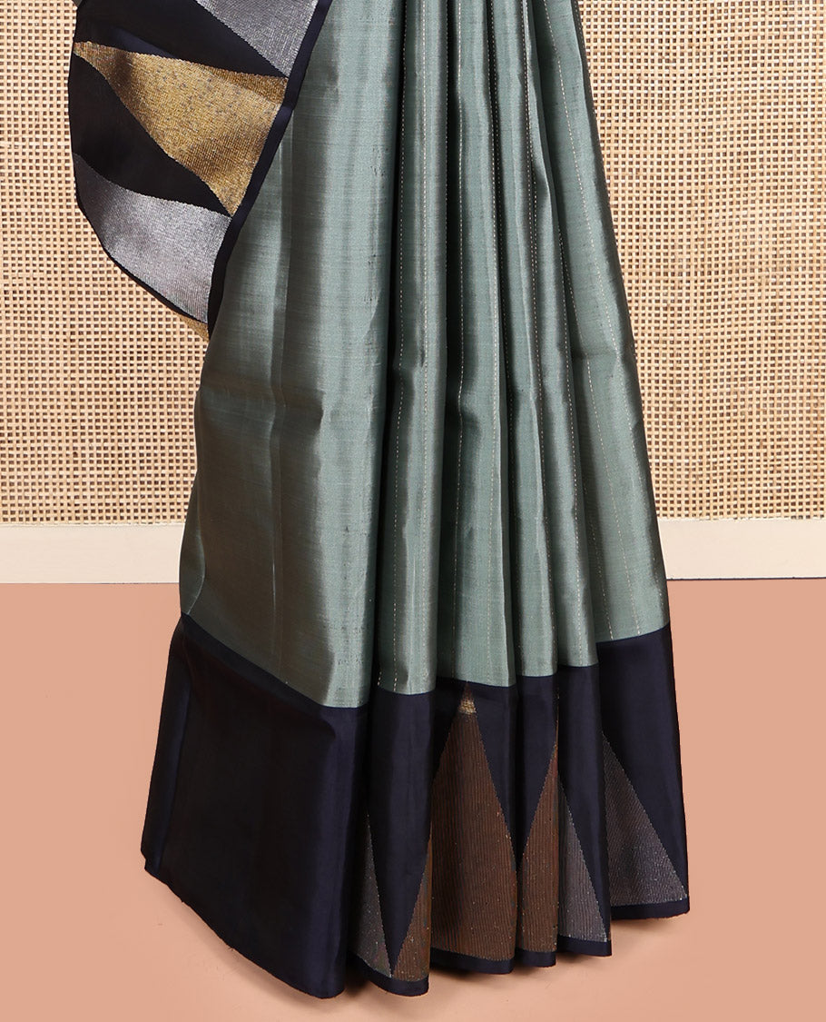 Grey Mayuri Soft Silk Saree, Subtly Sparkled with Stripes, Contrast Temple Border, Pallu of Vanki Designs, and a Contrast Blouse
