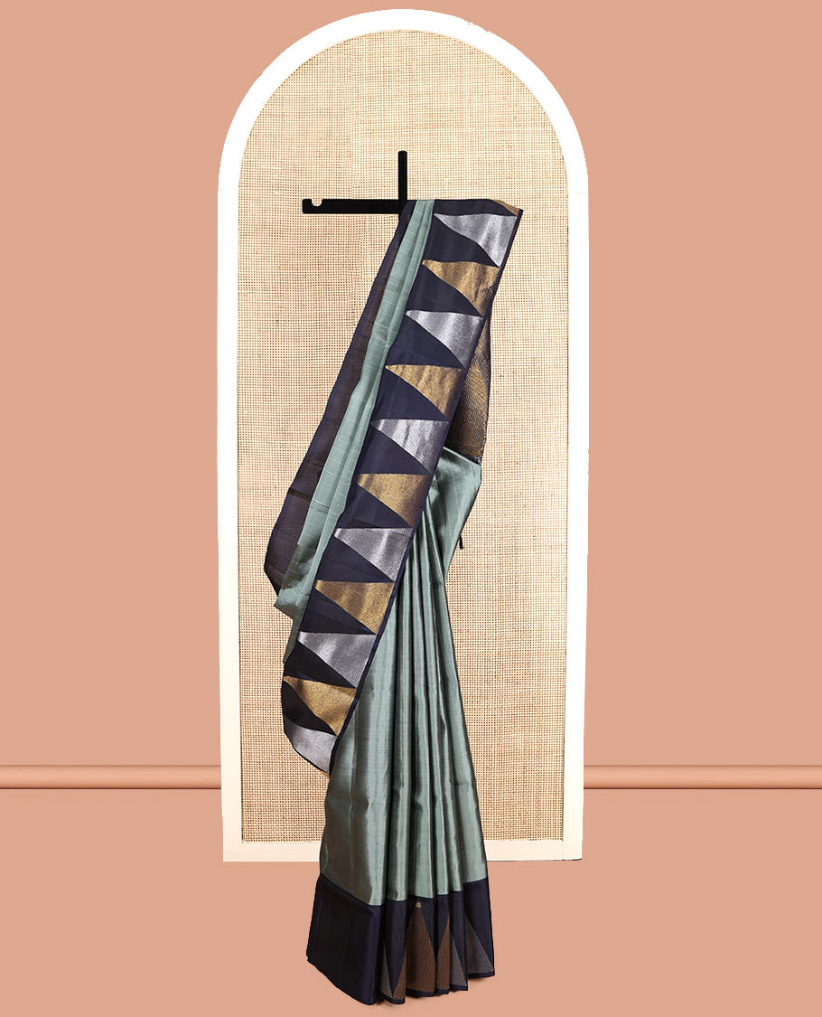 Grey Mayuri Soft Silk Saree, Subtly Sparkled with Stripes, Contrast Temple Border, Pallu of Vanki Designs, and a Contrast Blouse