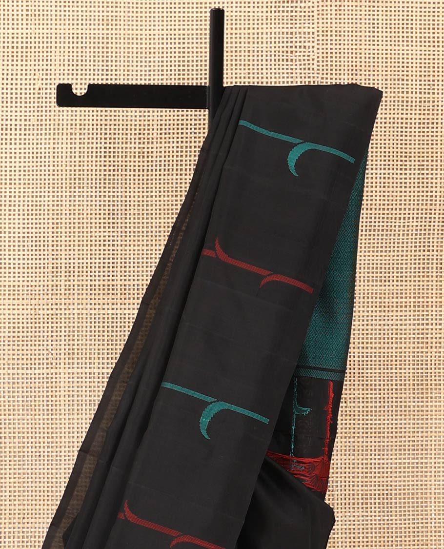 Borderless black floral buttas resham thread woven soft silk saree, self-pallu of mayil kann designs