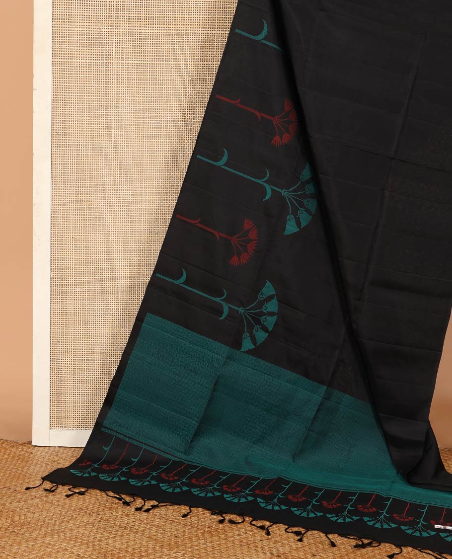 Borderless black floral buttas resham thread woven soft silk saree, self-pallu of mayil kann designs