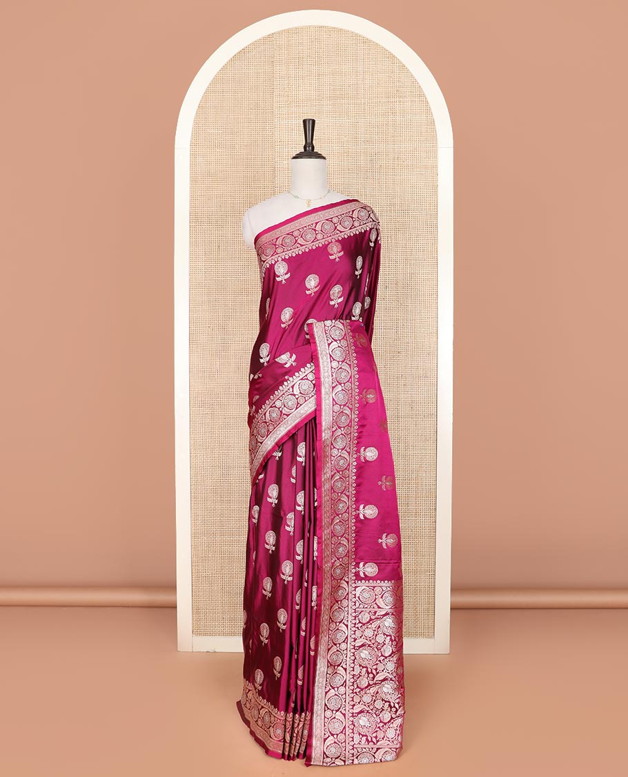 Wine zari buttas mushru silk saree, floral creeper design border, and intricately designed pallu