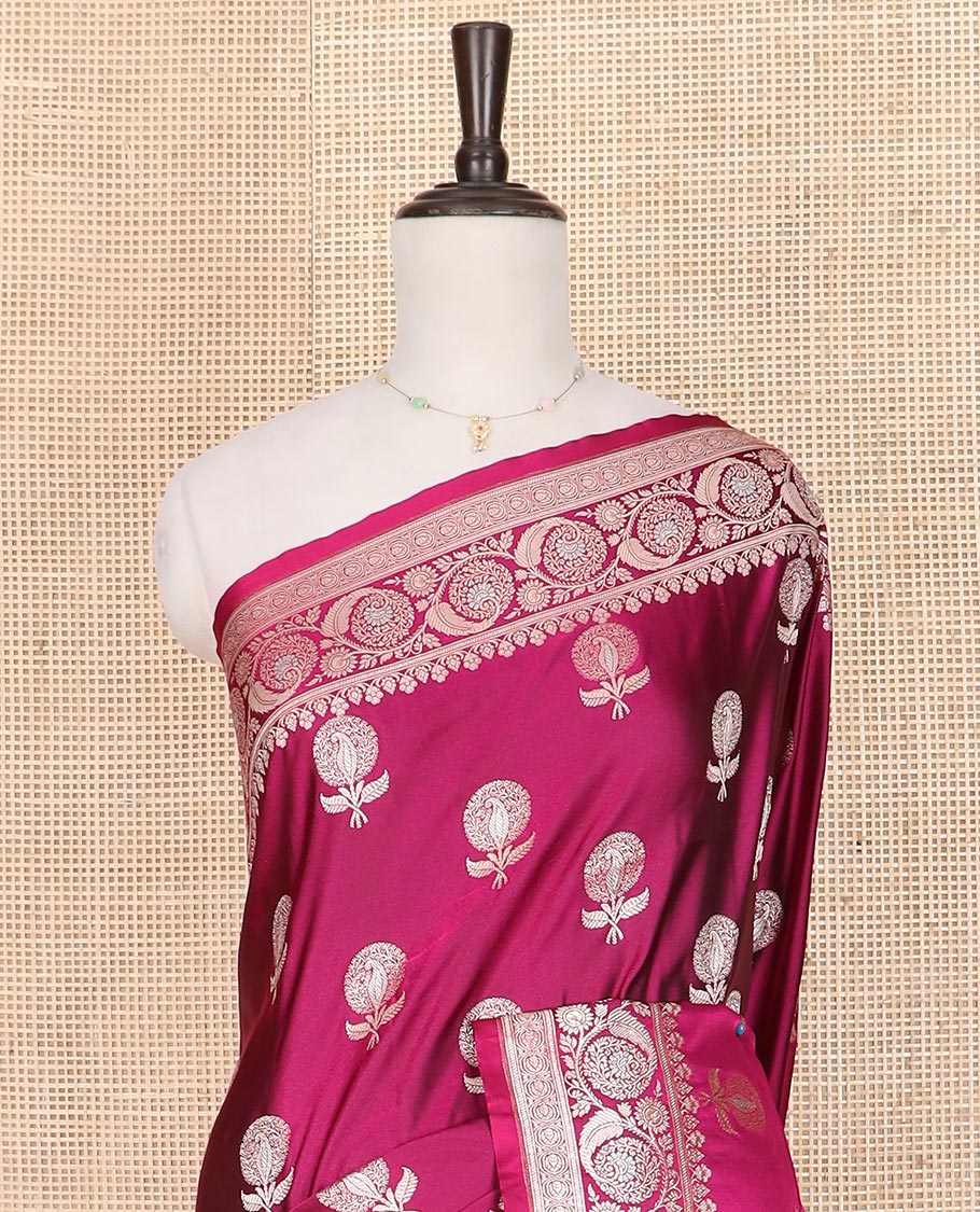 Wine zari buttas mushru silk saree, floral creeper design border, and intricately designed pallu