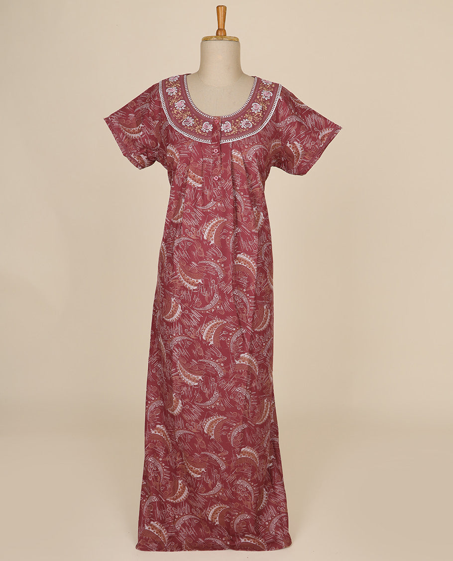 Maroon floral printed & floral thread embroidery round neck cotton half-sleeve nighty