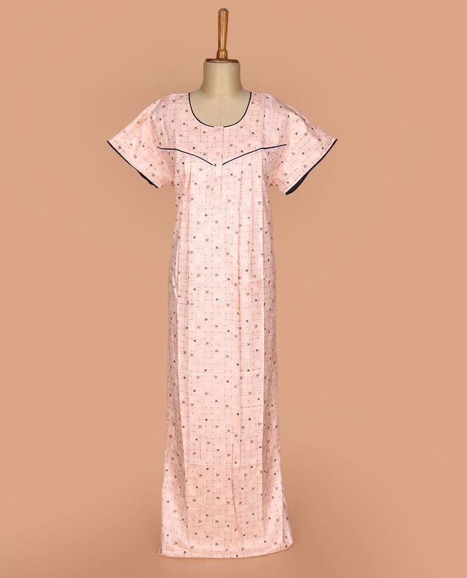 Peach geometric printed with round neck lace work, half-sleeve nighty