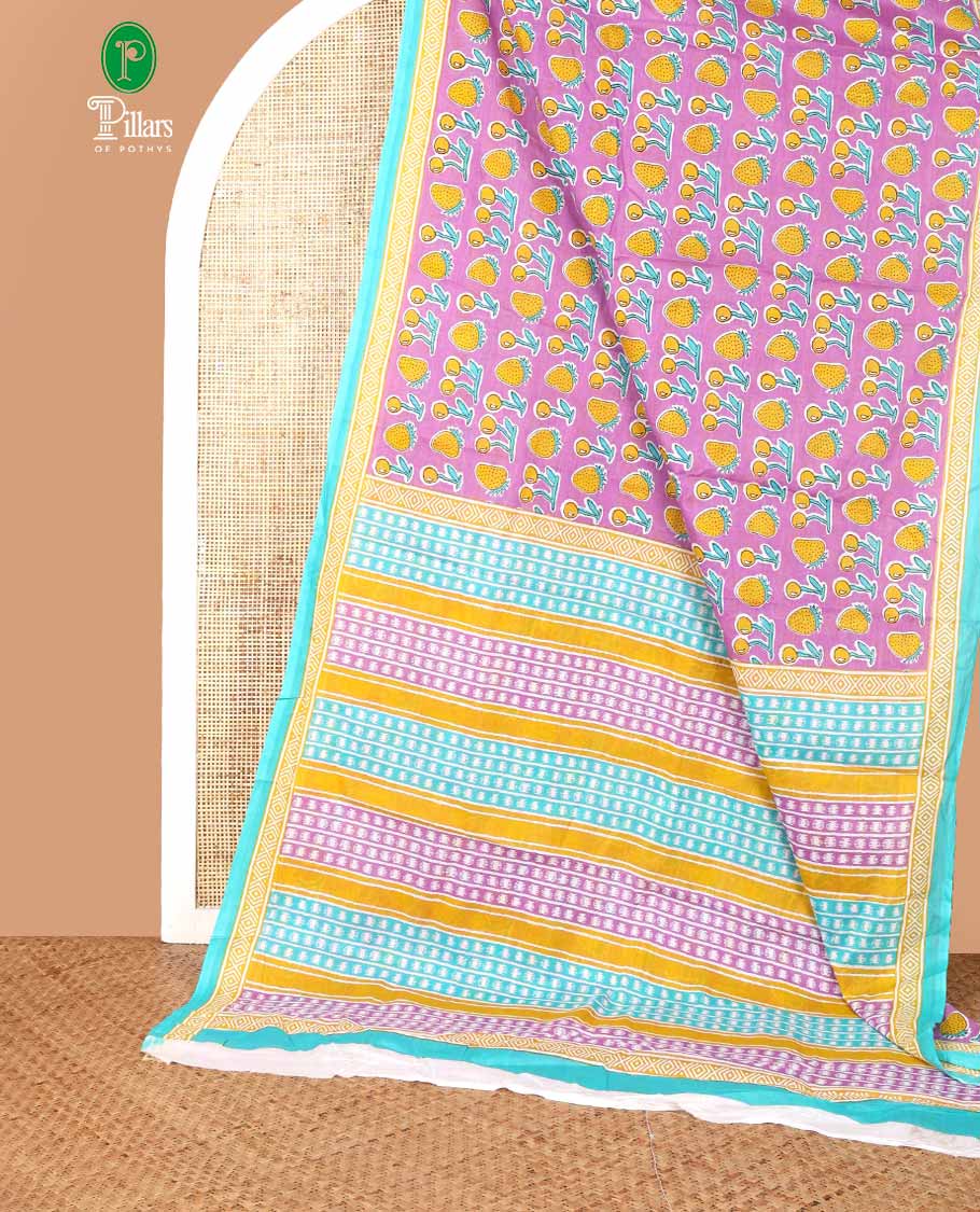 Pink with yellow strawberry, cherry print mul mul cotton saree with contrast geometric printed border