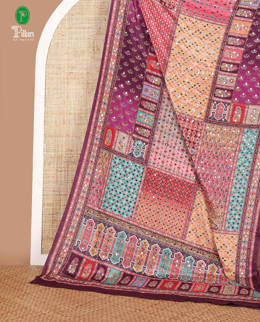 Multi-colour geometric printed, mirror work masakali saree with printed, mirror work border & printed pallu along with plain blouse