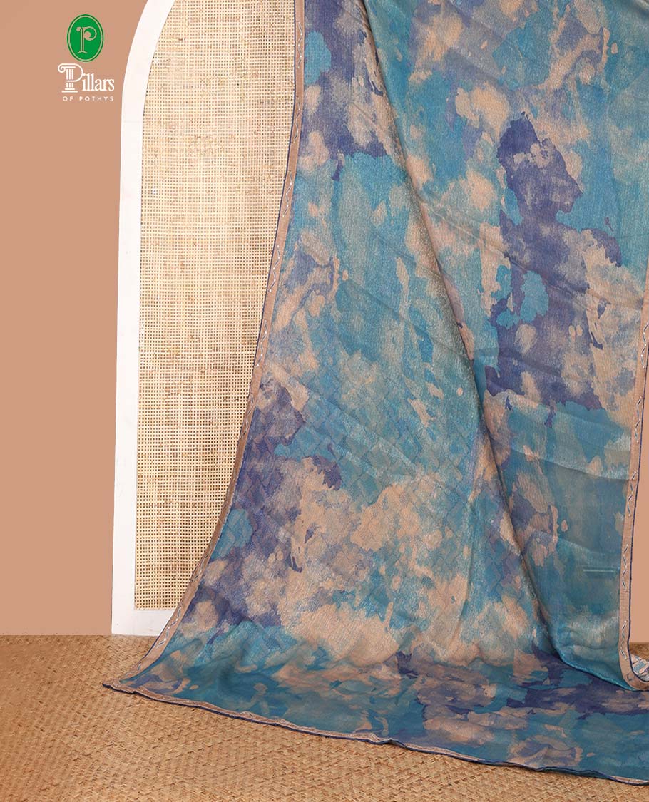 Blue cloud design digital printed sitara shimmer saree with lace border & self pallu along with printed blouse