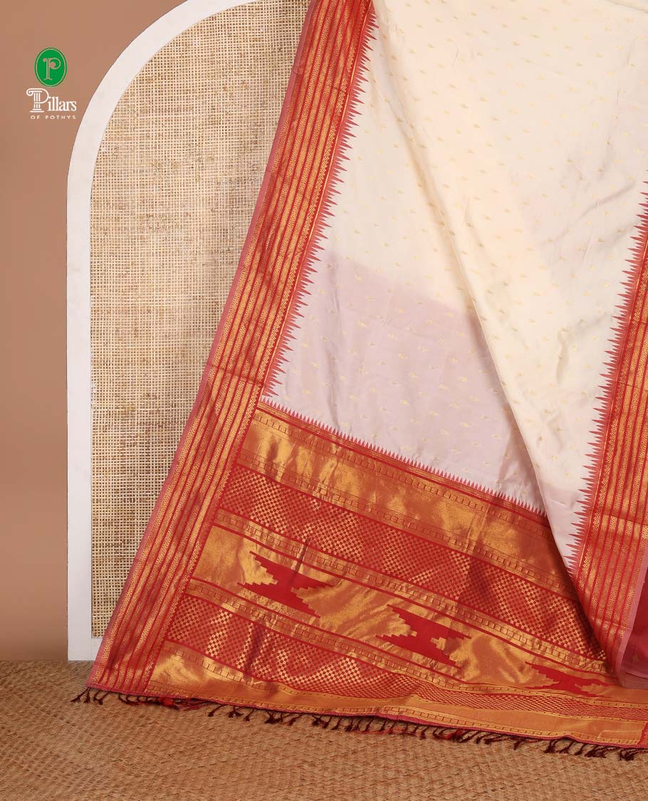 Cream with maroon temple butta kanchi silk saree with temple, traditional zari border & rich weaving pallu along with butta design blouse