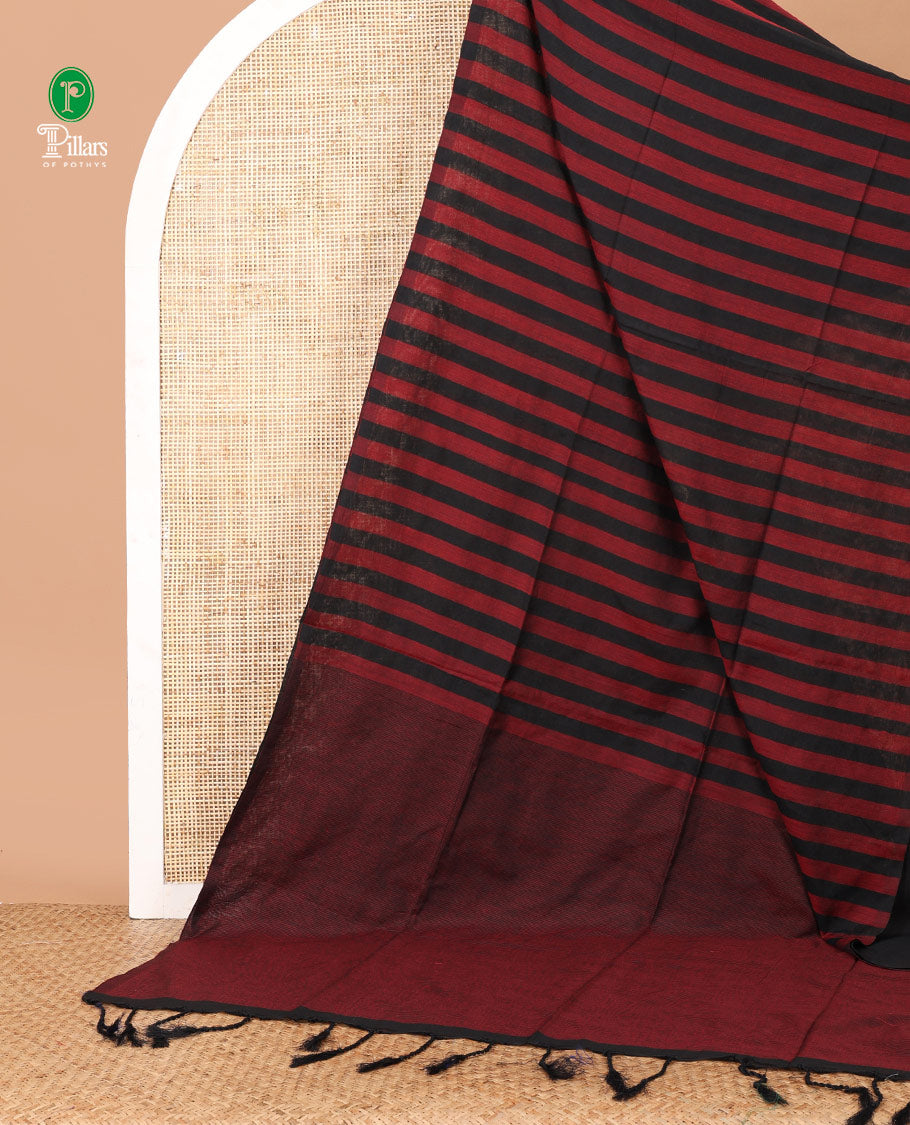 Borderless black with red striped jute cotton saree with lining pallu & plain blouse