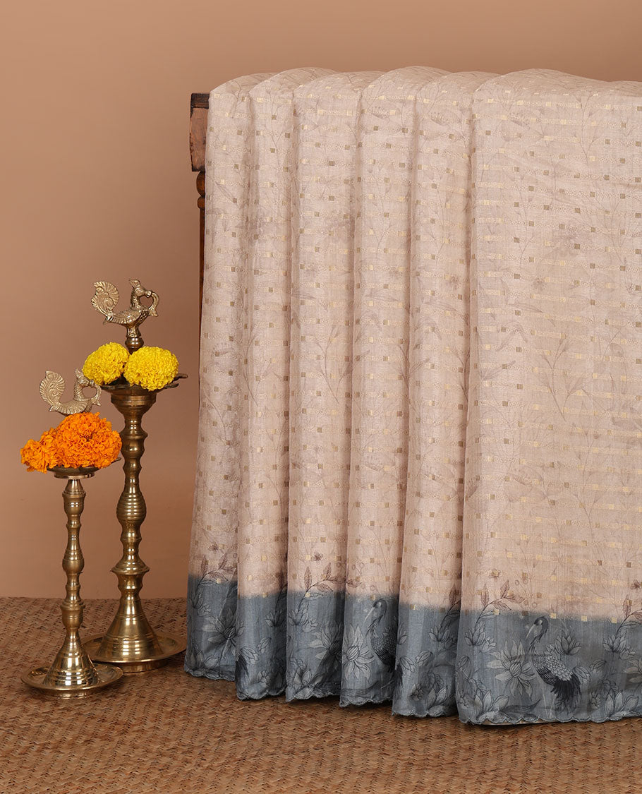 Cream leaf vine digital printed and 1000 dobby-style buttas woven semi-tussar saree, contrast blue scallop border & pallu of floral & bird motifs print