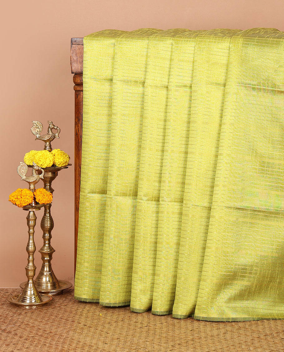Borderless liril green horizontal zari striped semi-raw silk saree, striped pallu & contrast plain blouse