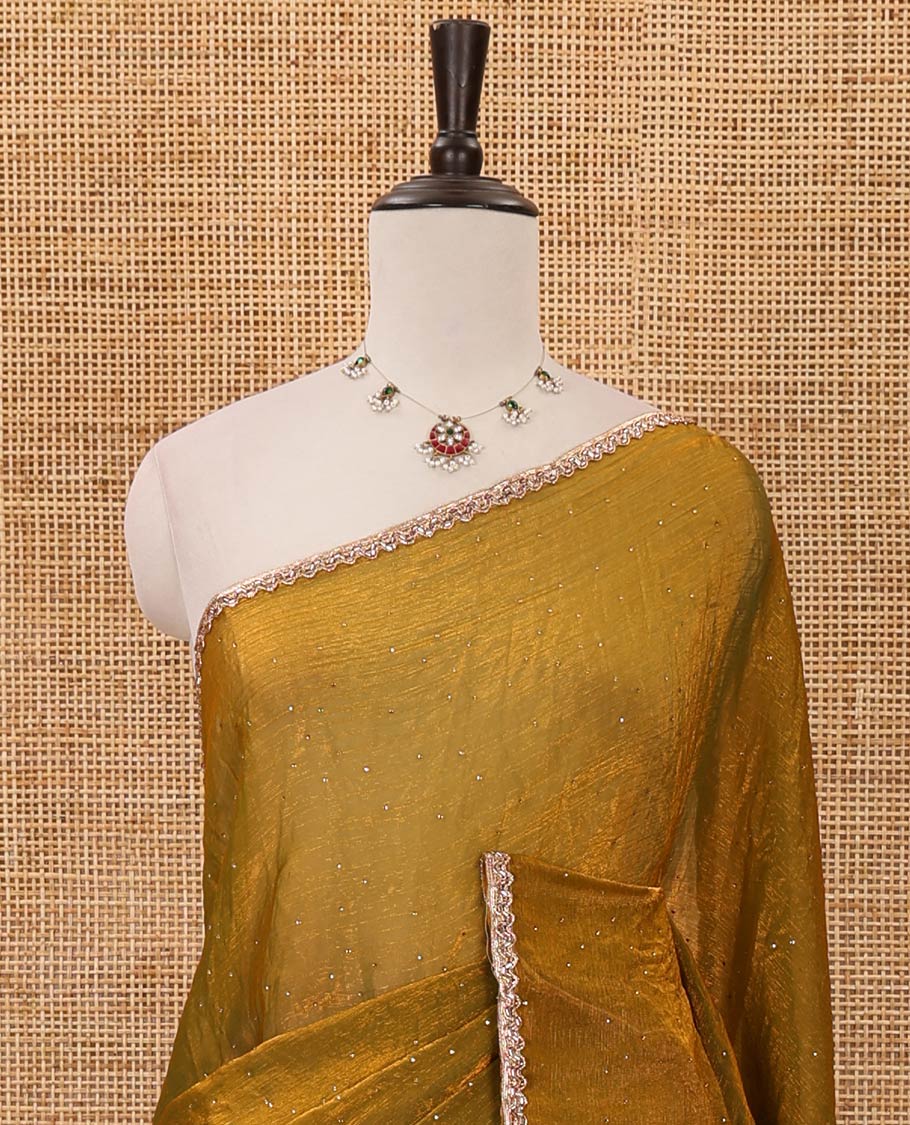 Mehendi green Swarovski stone work embedded fendy-chiffon saree, scallop lace border & floral mixed embroidered blouse