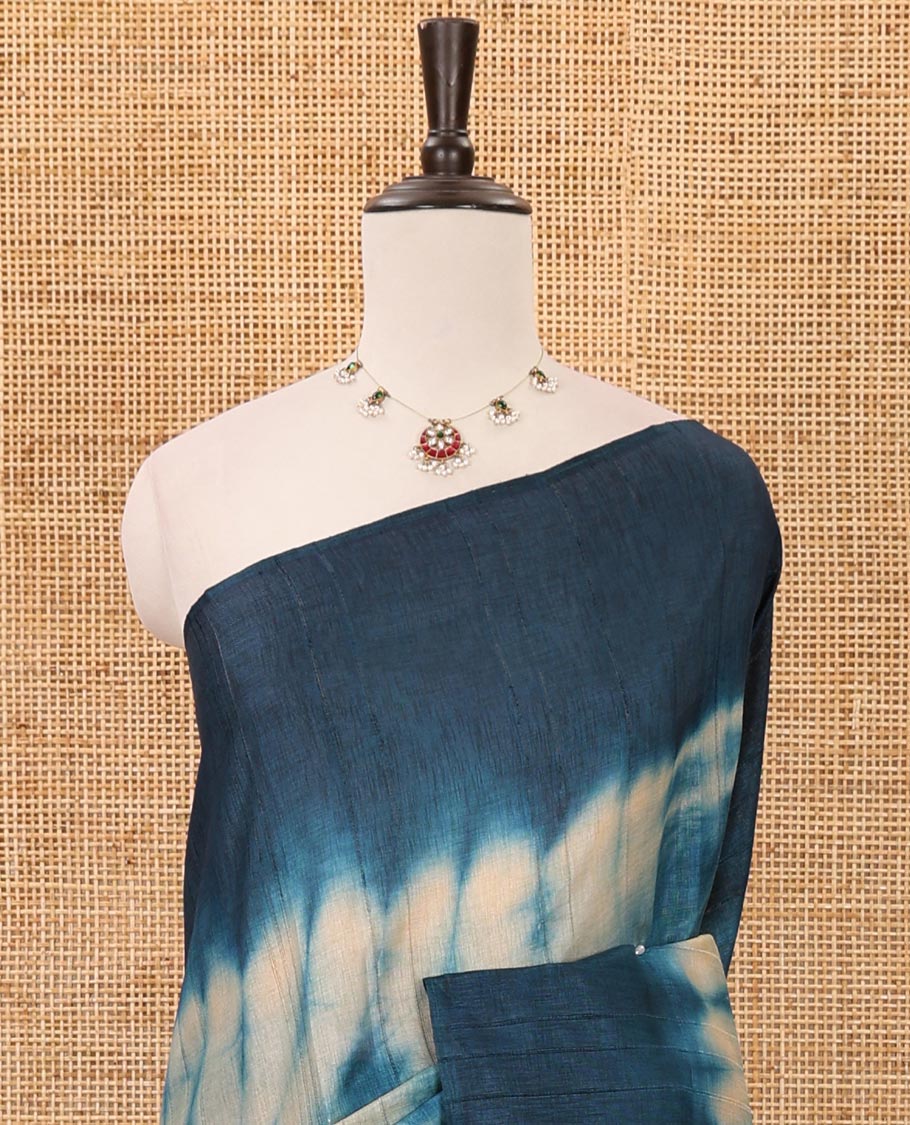 Borderless Indigo blue shibori-printed jute tussar silk saree, contrast shibori-printed pallu & contrast blouse