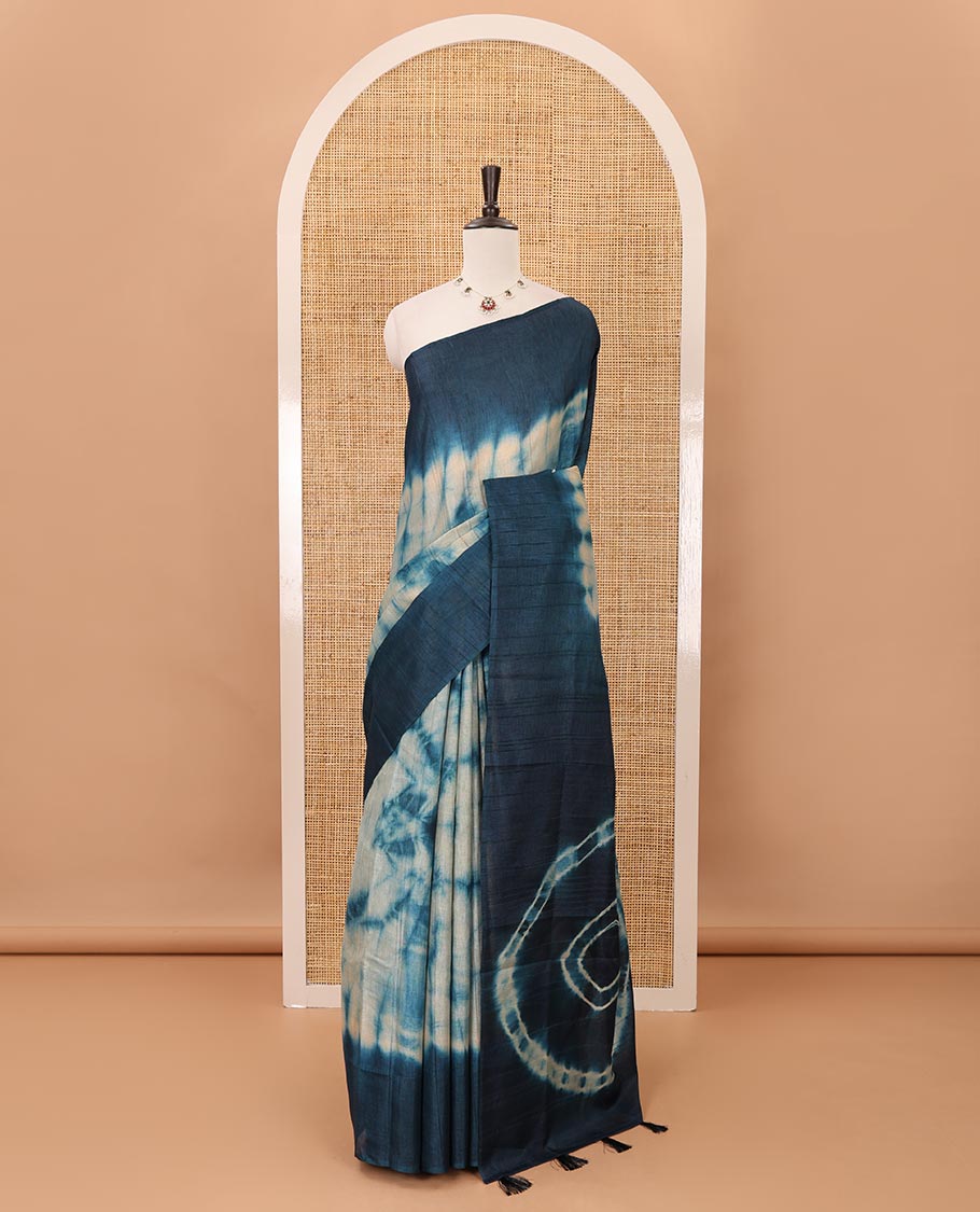 Borderless Indigo blue shibori-printed jute tussar silk saree, contrast shibori-printed pallu & contrast blouse