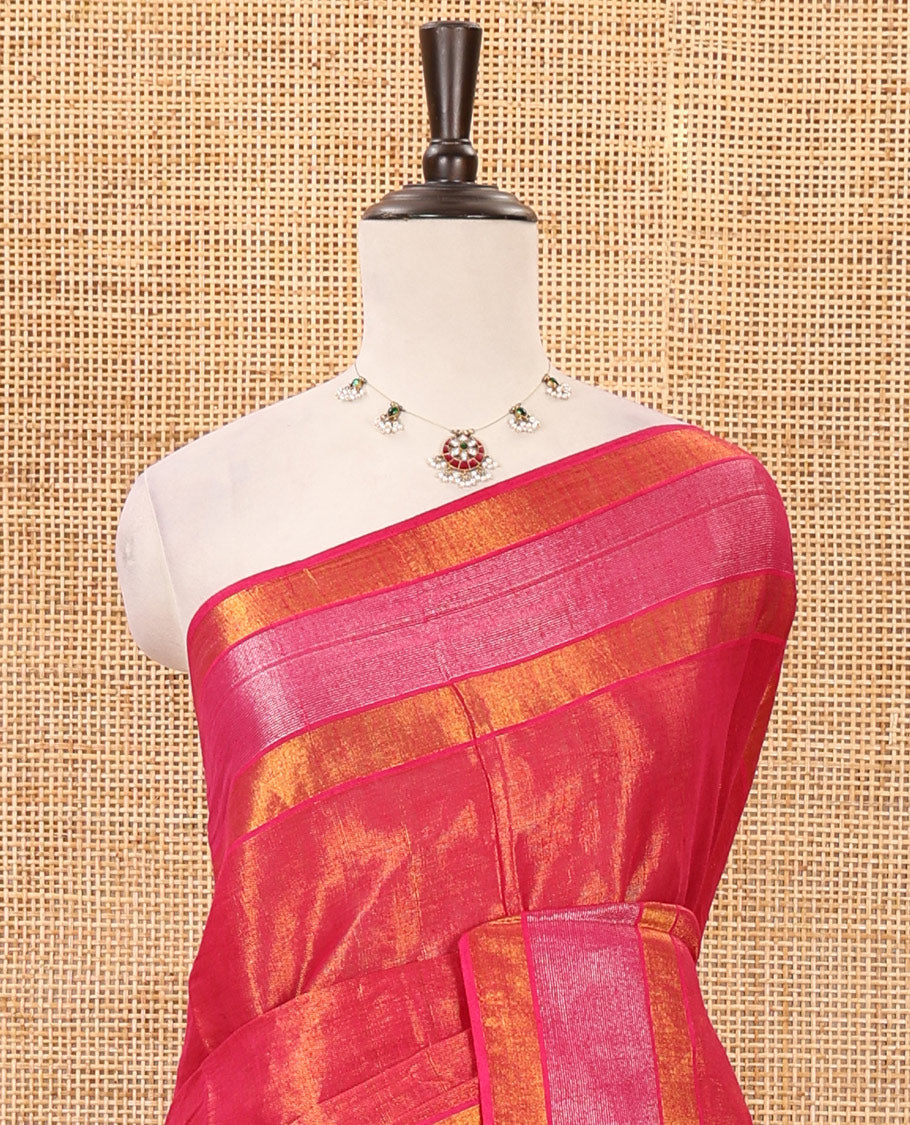 Pink gold zari tissue-style sungudi cotton saree, silver-lined border, silver-lined pallu & matching striped pink blouse