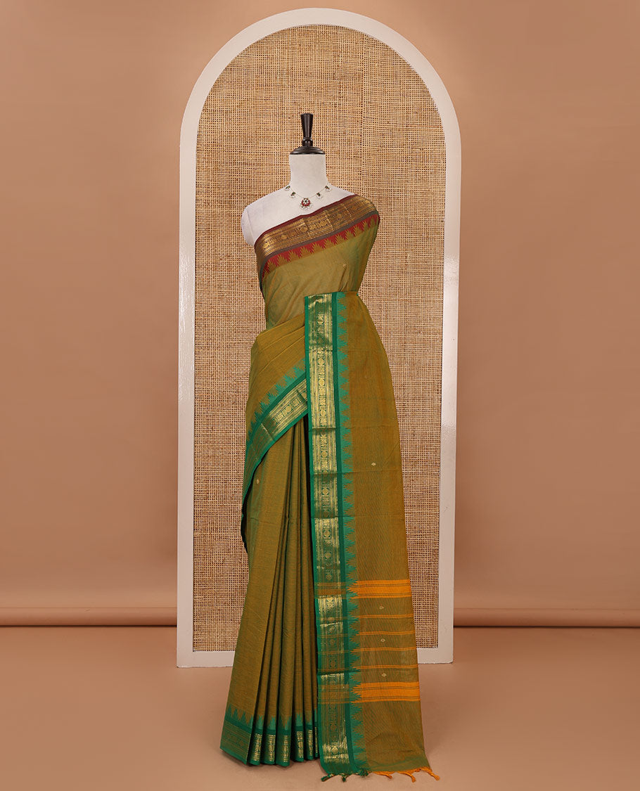 Mehendi green zari buttas Chettinad cotton saree, contrast Ganga Jamuna temple traditional zari border, striped pallu & matching blouse