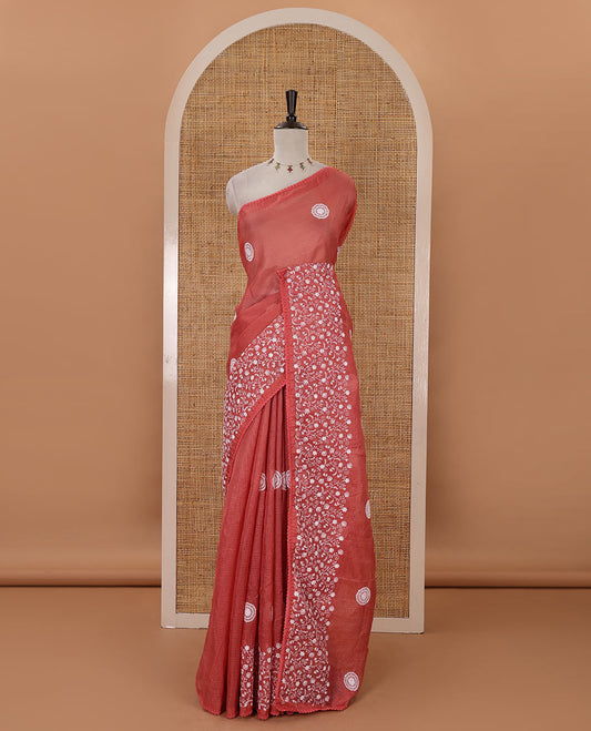 Pink plain & chikankari embroidered kota check saree, lace border, embroidered self-pallu & plain blouse
