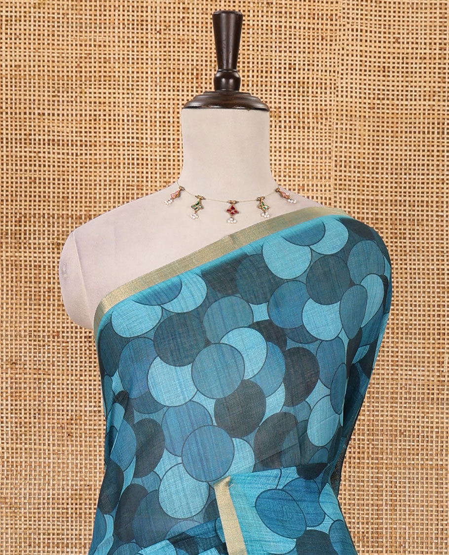 Blue polka dots printed linen cotton saree, piping border, kalamkari floral-peacock printed pallu & small polka dots printed blouse