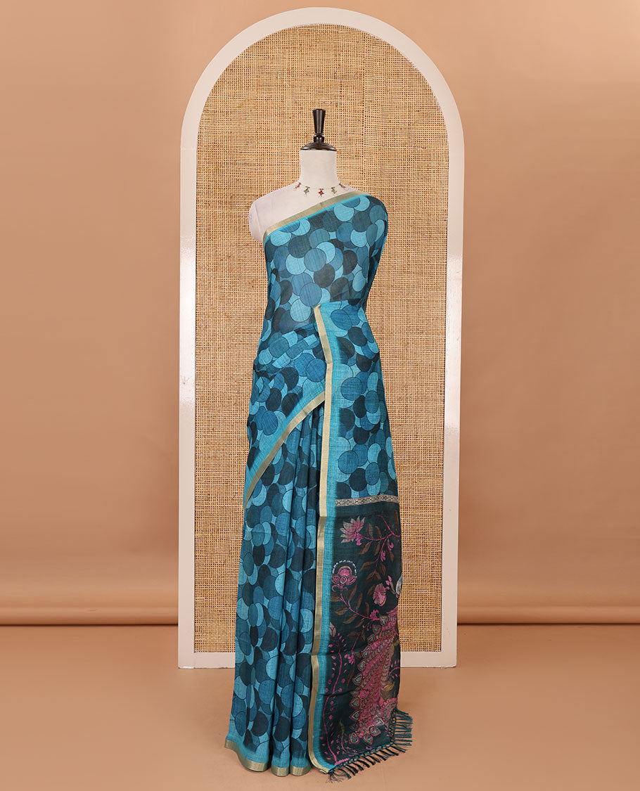 Blue polka dots printed linen cotton saree, piping border, kalamkari floral-peacock printed pallu & small polka dots printed blouse
