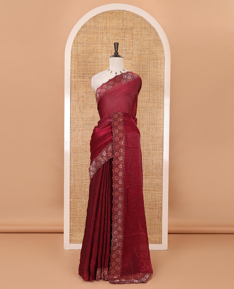 Purple full-plain Fendy satin saree, scallop floral micro-stone embroidered border, self-pallu & contrast stone work blouse