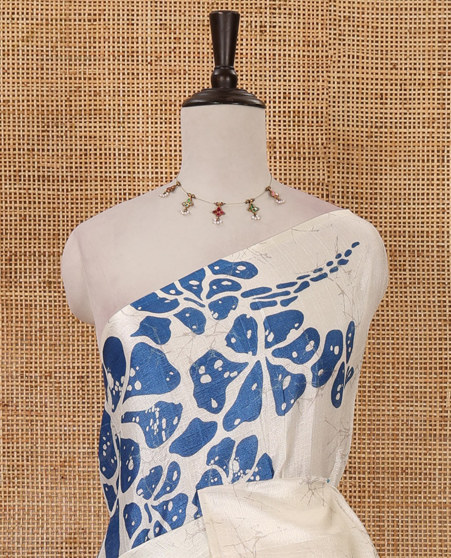Borderless white-blue batik-style floral big printed khadi cotton saree, purple batik printed blouse