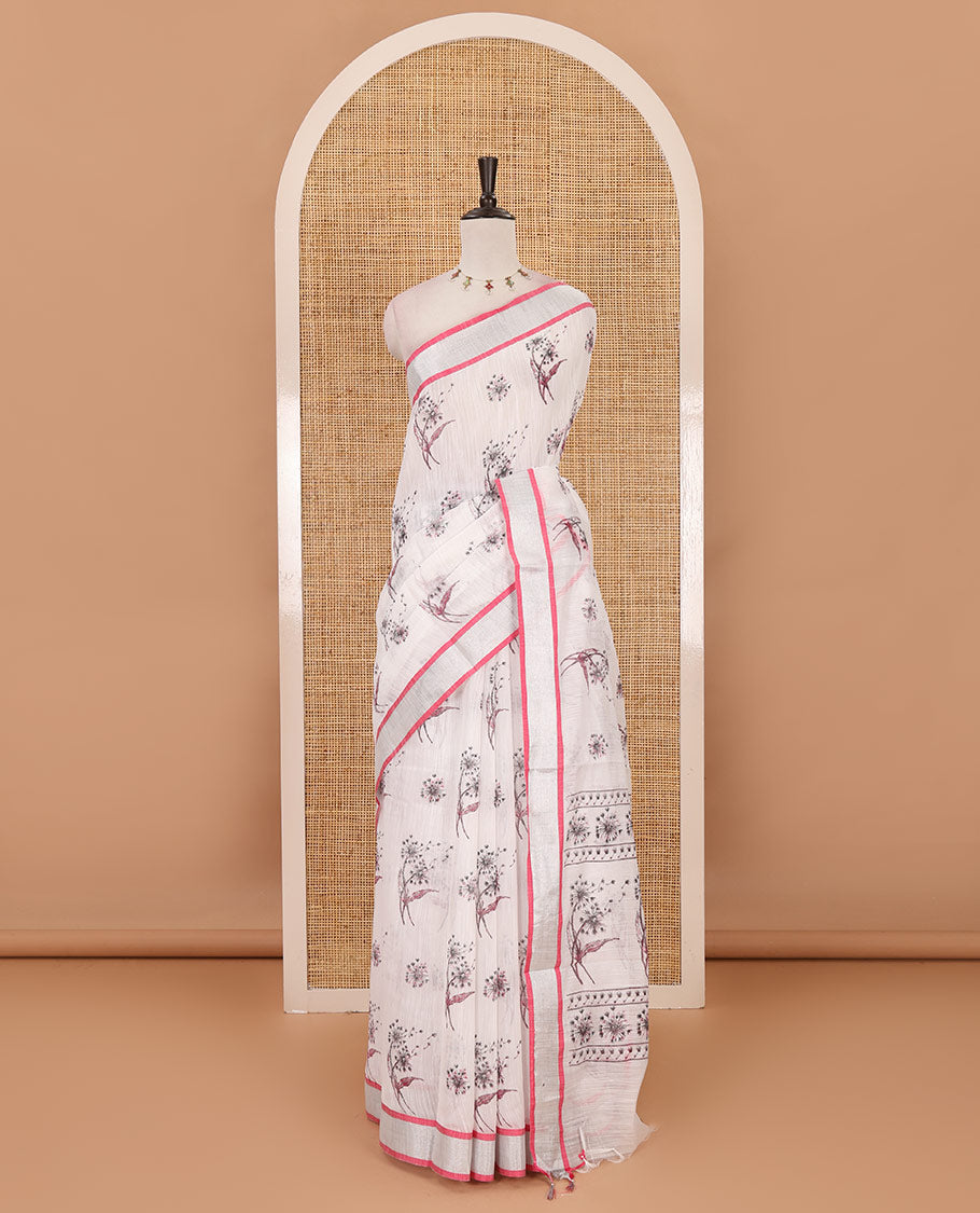 White-pink floral motifs printed Linen cotton saree, contrast Sliver zari bavanji border, floral print pallu & plain blouse