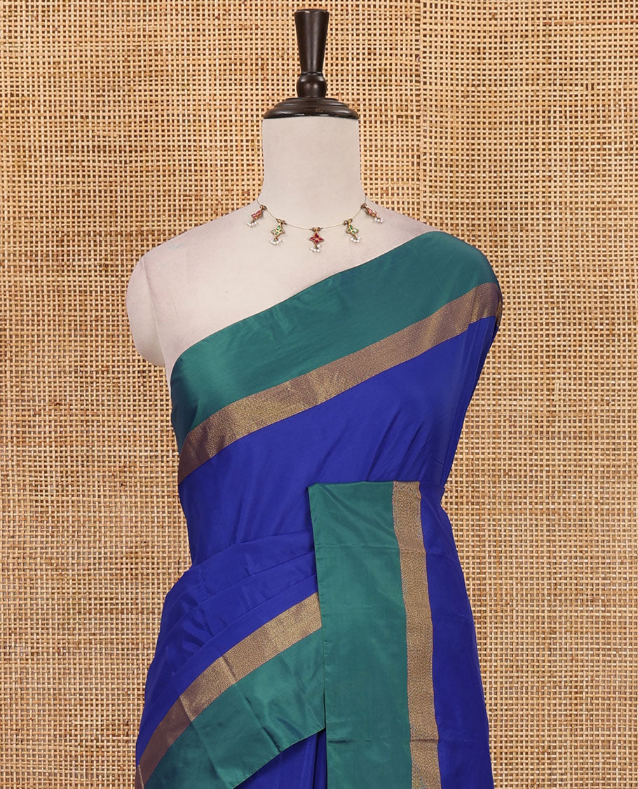 Royal blue full-plain semi-soft saree, contrast satin border of zari stripes, striped pallu & contrast plain blouse