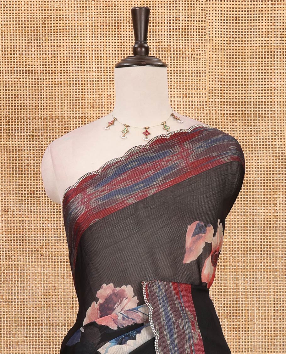 Black floral printed sitara shimmer saree, printed scallop swarovski stone work border & contrast digital printed blouse