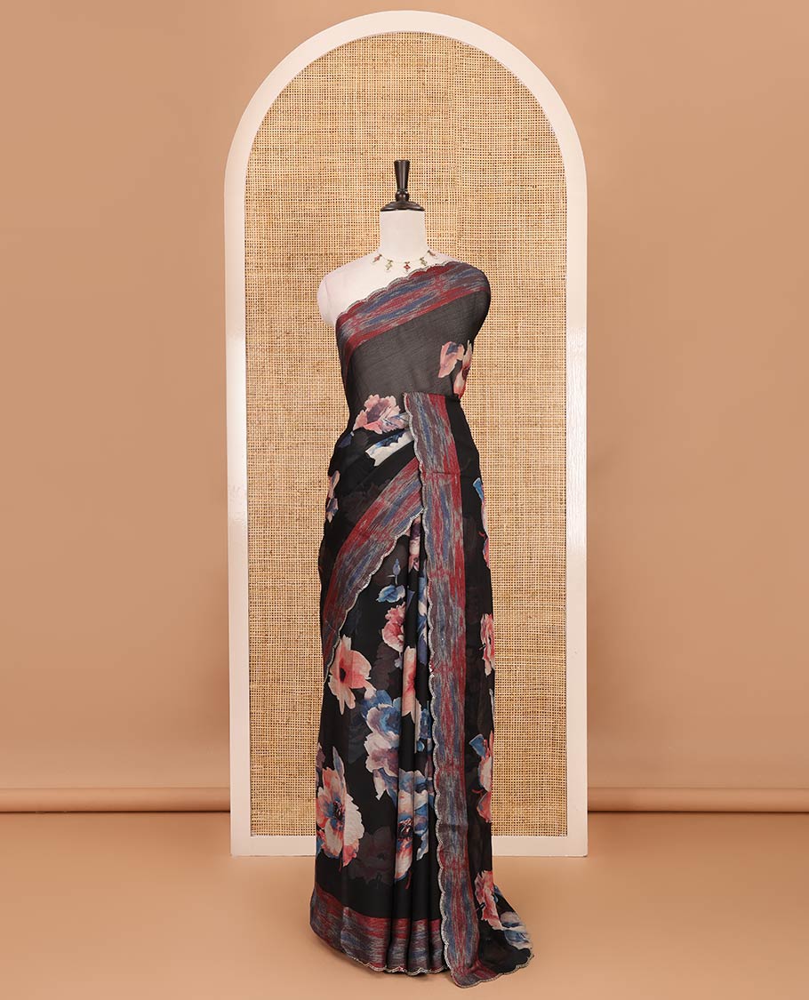 Black floral printed sitara shimmer saree, printed scallop swarovski stone work border & contrast digital printed blouse