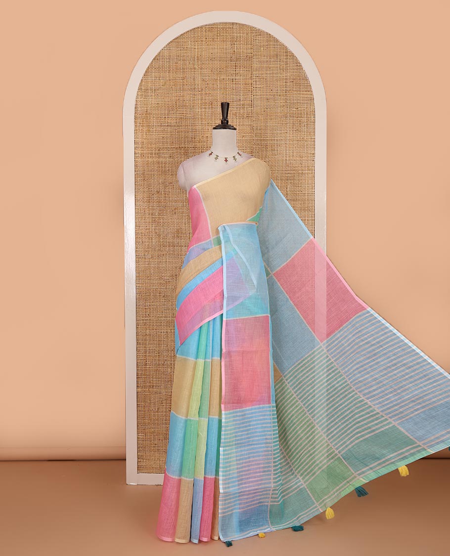 Borderless multi colour colorful big checked geometric theme printed linen saree, striped pallu and contrast plain blouse